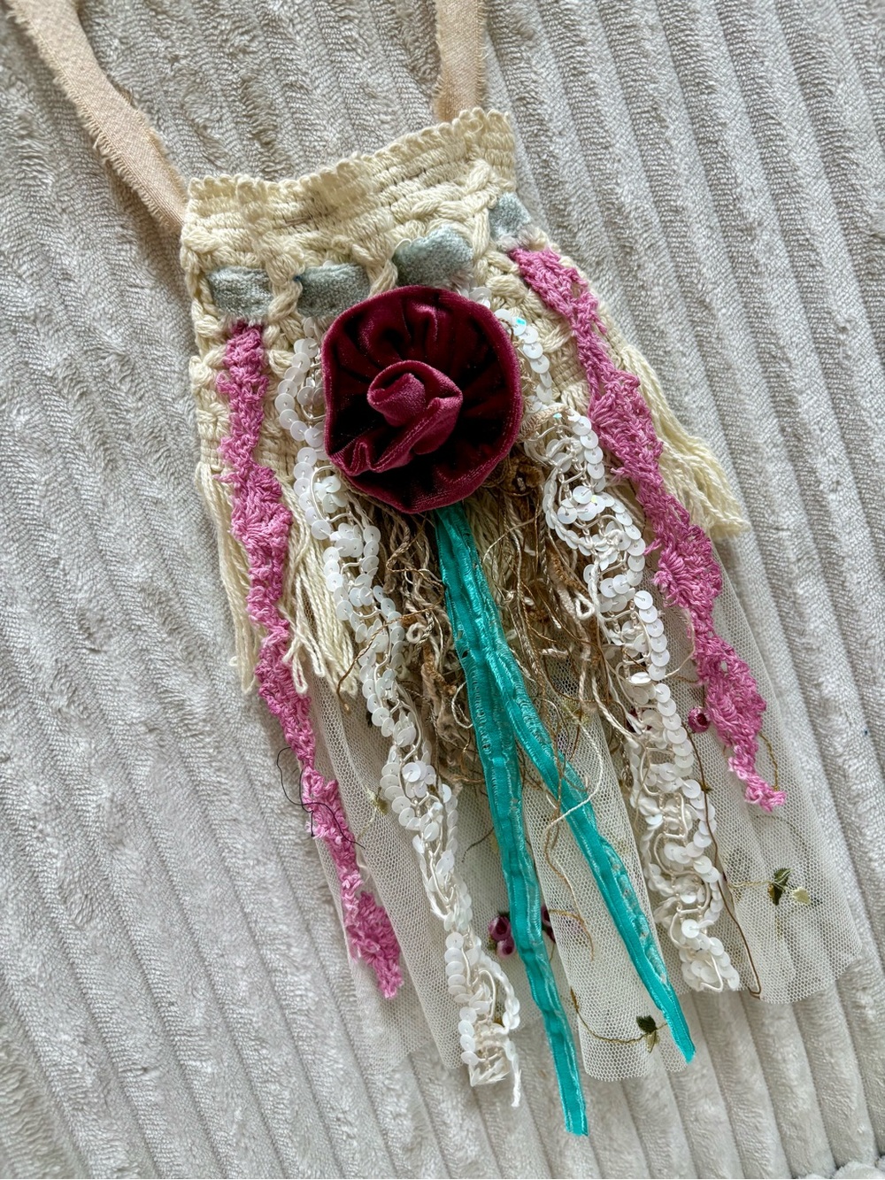 Upcycled Romantic Jabot Bohemian Floral Fringe Necklace Collar